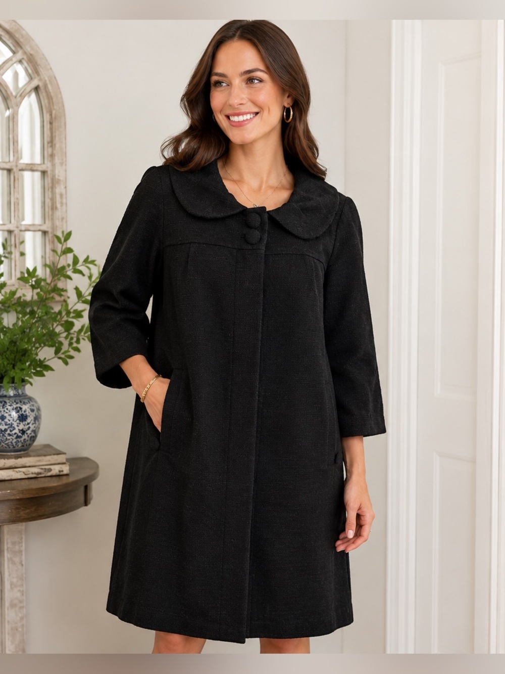 Lilly Pulitzer Black Textured Shawl Collar Coat Covered Buttons 3/4 Sleeve SZ 4